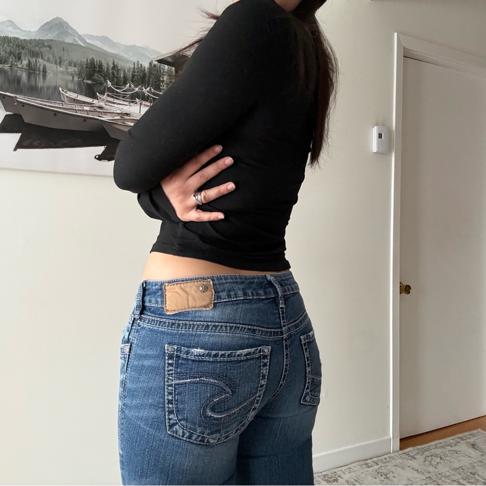Y2K Low Rise Skinny Jeans Silver Dark Wash Preppy Embroidered Pockets
